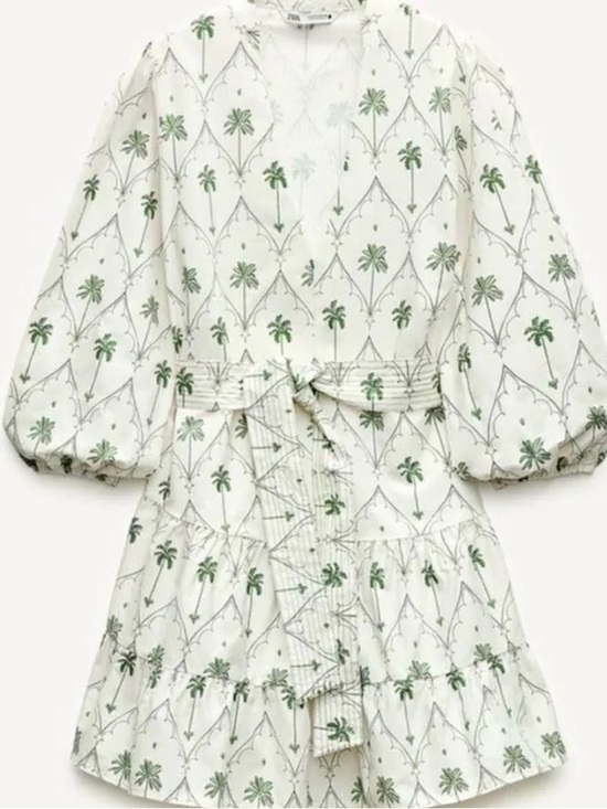 Zara Dresses & Skirts - Zara Puff Sleeve Palm Tree Printed Mini Dress White Green Small
